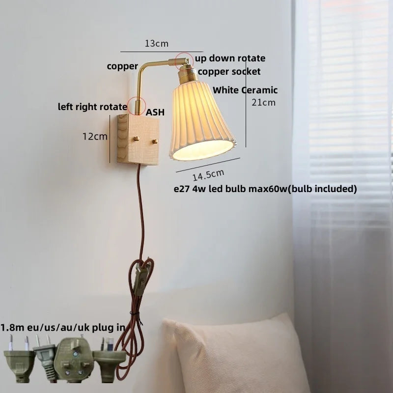 Afralia™ Glass Ceramic LED Wall Sconce Walnut Wood Nordic Modern Rotatable Mirror Light