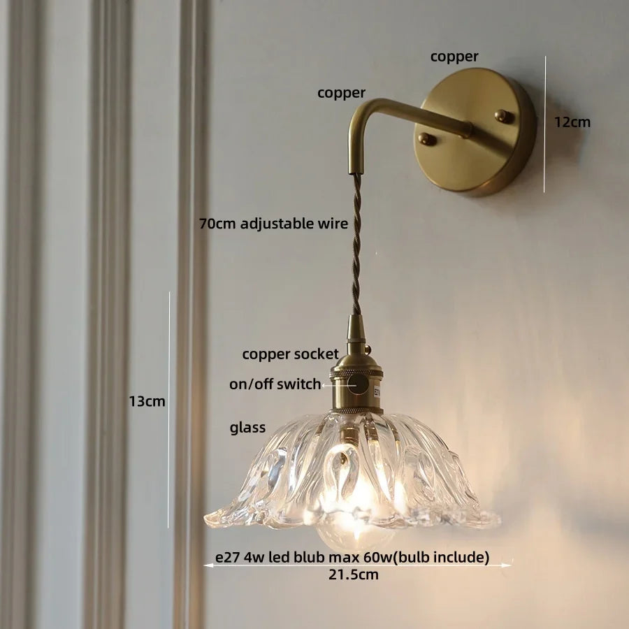 Afralia™ Glass & Copper Green Flower LED Wall Sconce with Pull Chain
