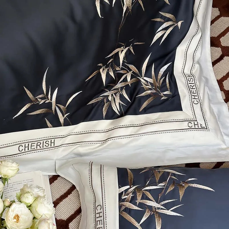 Afralia™ Bamboo Embroidery 1000TC Egyptian Cotton Bedding Set in Luxury Dark Blue