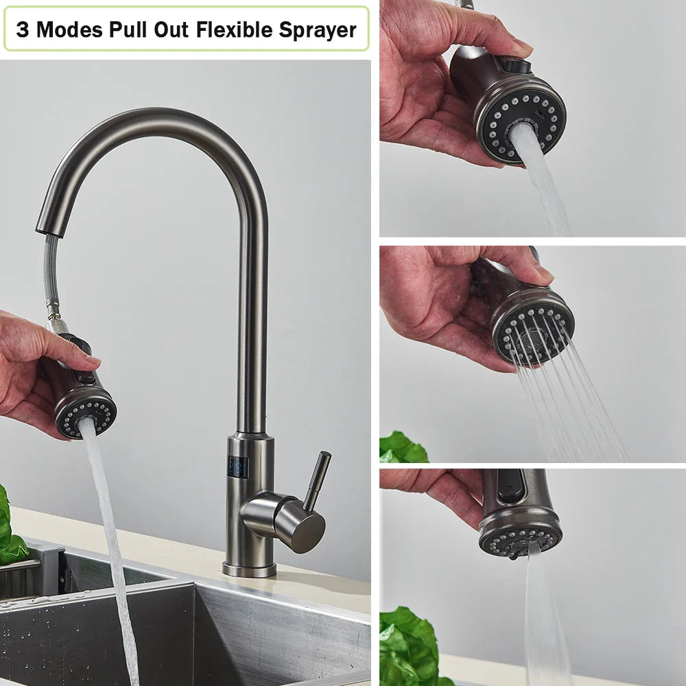 Afralia™ Smart Touch Grey Black Kitchen Faucet with Flexible Pull Out Sprayer