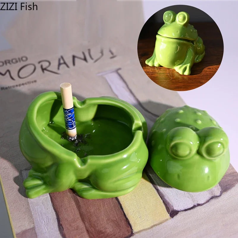 Frog Ceramic Ashtray with Lid - Afralia™ Desk Decoration & Smoking Accessories