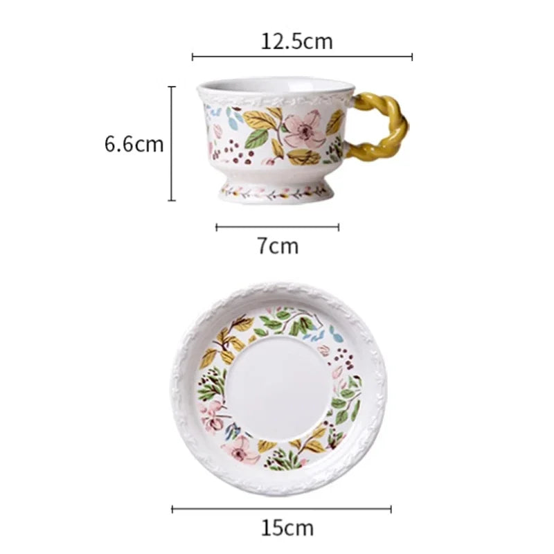 Afralia™ Floral Lace Ceramic Tea Cup & Saucer Set - Elegant Dining Table Drinkware