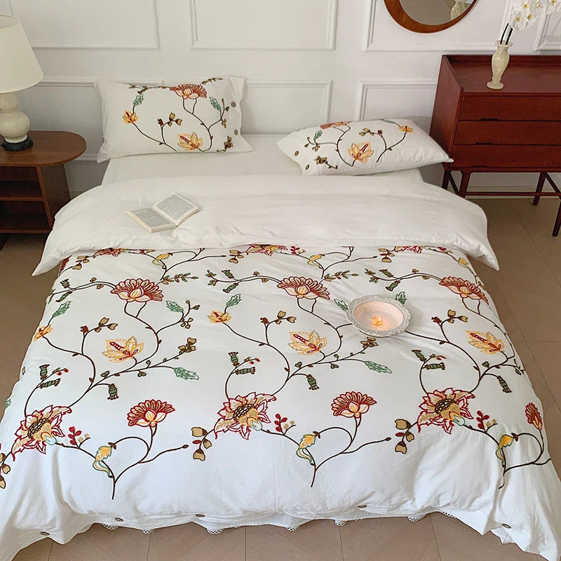 Afralia™ Cotton Bohemia Flowers Embroidery 4pcs Bedding Set Vintage Duvet Cover King Queen