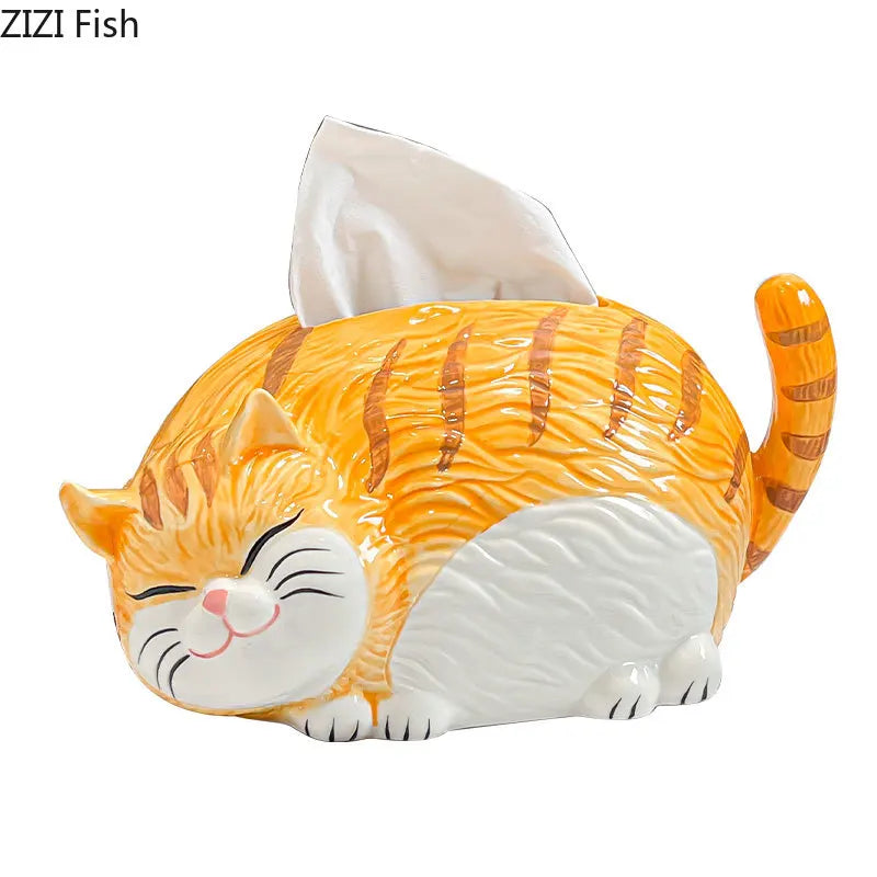 Afralia™ Cartoon Ginger Cat Ceramic Tissue Box - Creative Desk Decoration & Paper Towel Case
