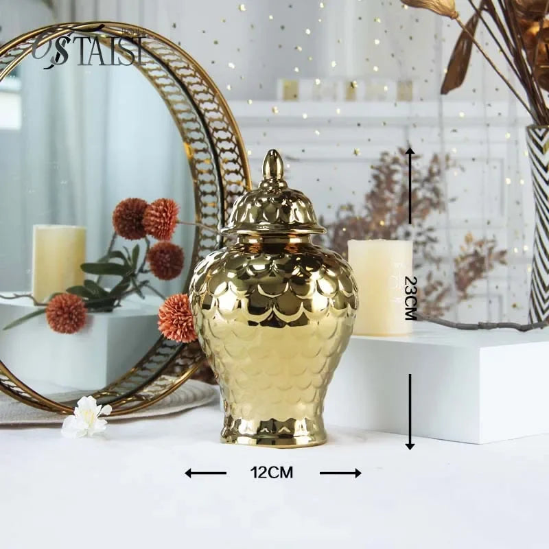 Afralia™ Geometric Golden Porcelain Jar - Home Decor Vase & Storage Tank