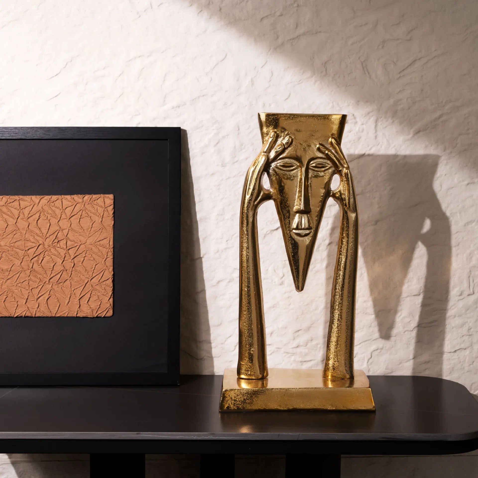 Afralia™ Golden Masked Figure Sculpture: Abstract Geometric Portrait Home Decor Figurine