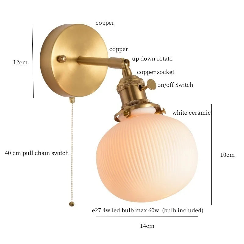 Afralia™ Ceramic LED Wall Sconce with Pull Chain for Bedroom, Living Room, or Bathroom