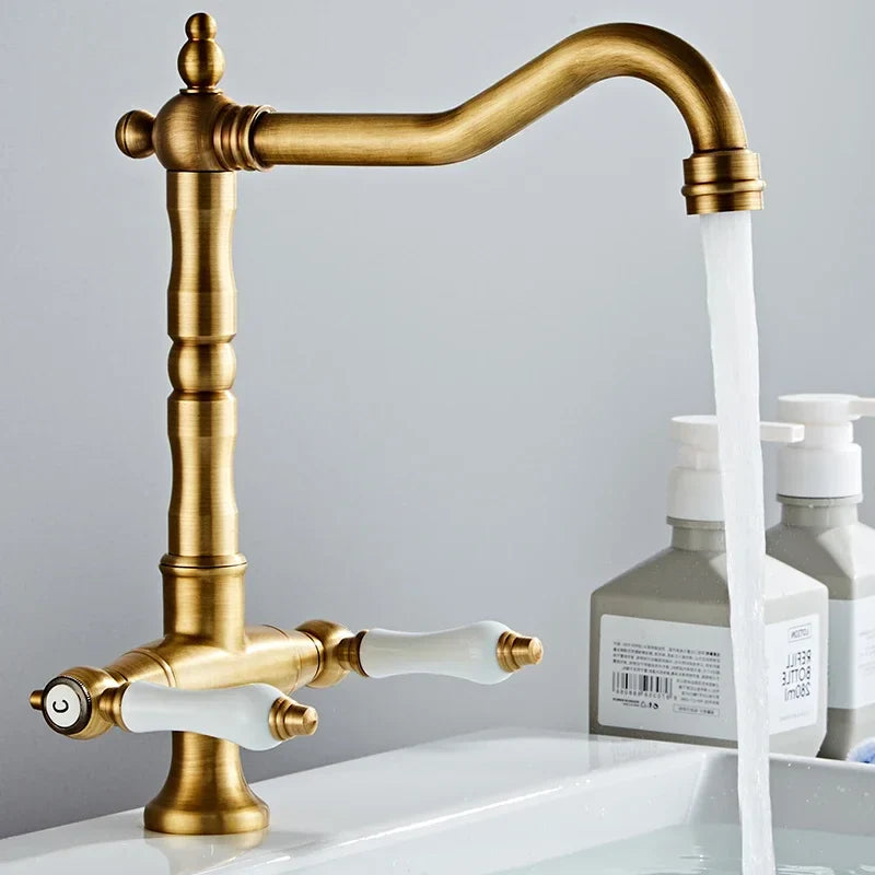 Afralia™ Antique Brass Kitchen Faucet with Dual Handles and 360° Rotation