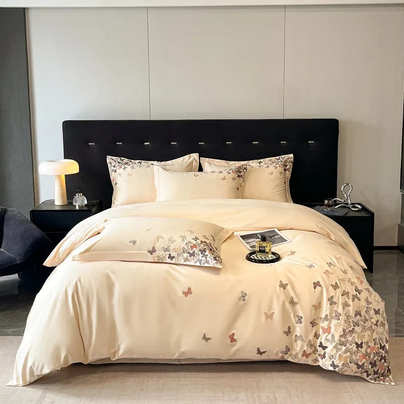 Afralia™ Butterflies Embroidery Bedding Set - King Queen Ru Size Bed Linens Sheet Pillowcase Comforter Cover Set