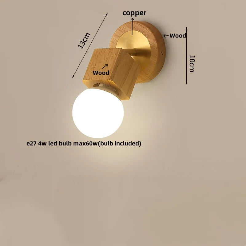Afralia™ Modern Copper Wood LED Wall Lights with Pull Chain Switch for Bedroom Vanity.
