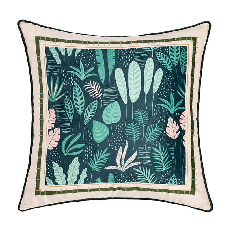 Afralia™ Green Leaves Moss Printed Velvet Cushion Cover for Home Decor