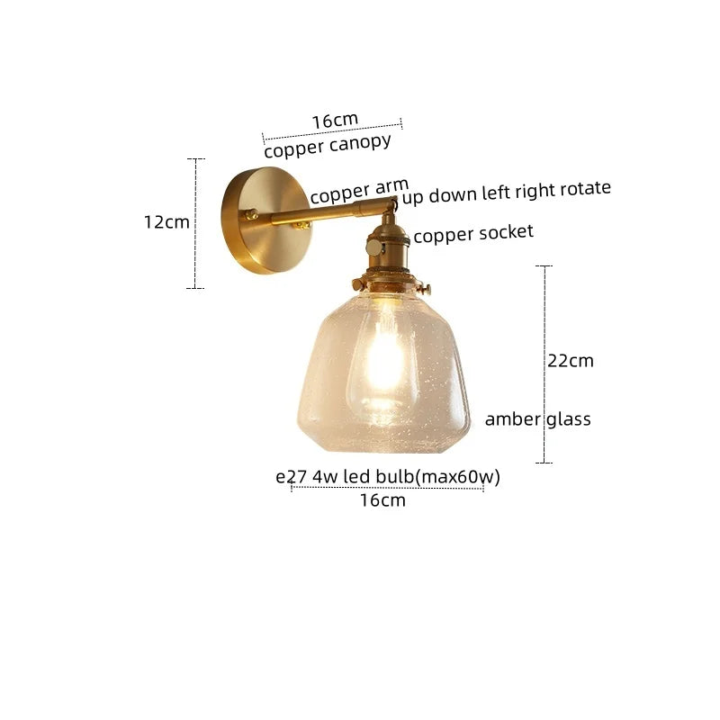 Afralia™ Copper Glass Knob Switch LED Wall Light, Nordic Modern Bedside Lamp