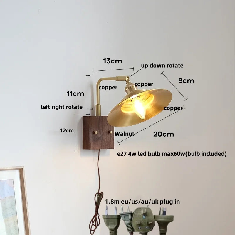 Afralia™ Wood LED Wall Light Up Down Rotate Copper Bedside Lamp