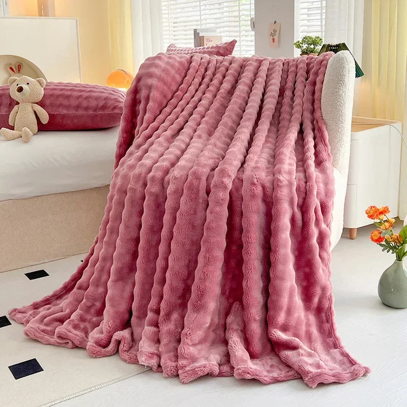 Afralia™ Soft Plush Faux Rabbit Fur Throw Blanket - White Striped Luxury Fluffy Blanket