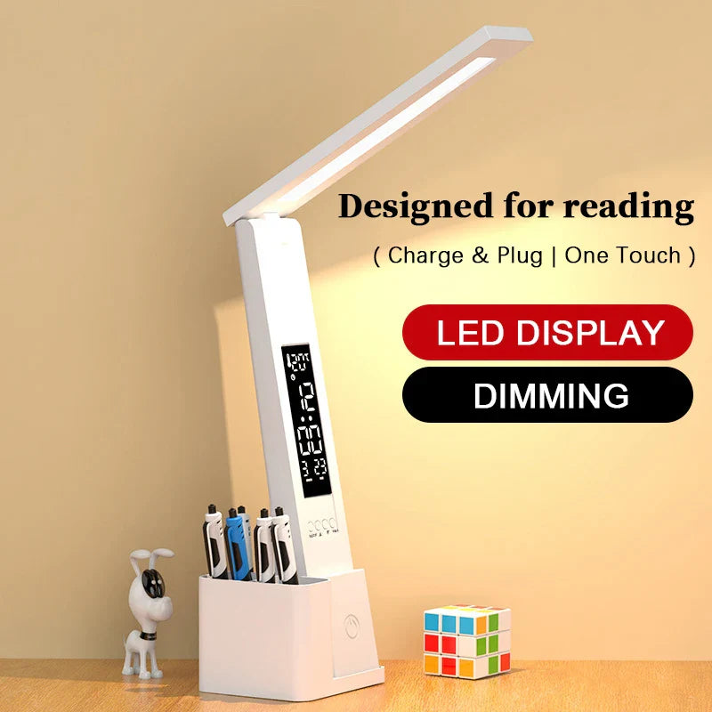 Afralia™ Touch LED Desk Lamp with Calendar Clock Night Light for Study Reading