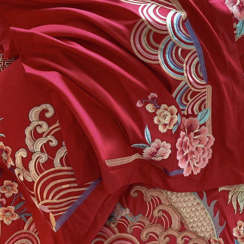 Afralia™ Gold Loong Phoenix Embroidery Queen Bedding Set, Luxurious Brushed 4Pcs Set