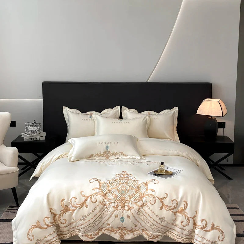 Afralia™ White Gold Embroidery Satin Cotton Bedding Set with Pillowcases & Flat Sheet