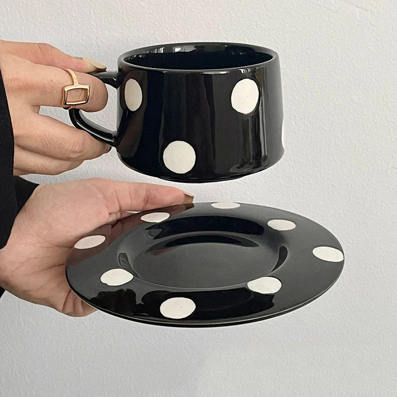 Afralia™ Polka Dots Ceramic Cup&Saucer Set - Modern Mugs for Coffee, Tea, Juice