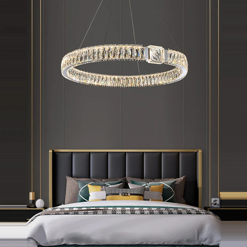 Afralia™ Crystal Block Gold Ring Pendant Light - Luxury Dimmable Ceiling Decor