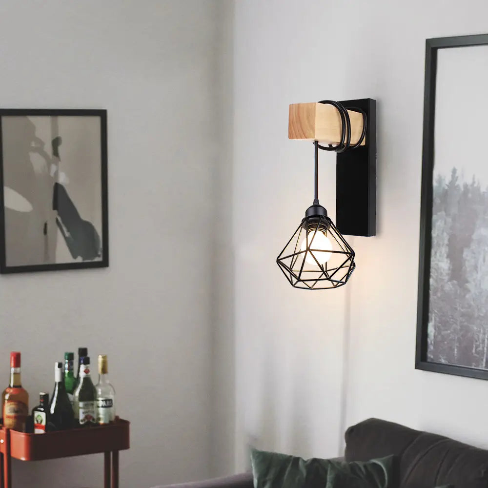 Afralia™ Loft American Iron Wood Wall Sconce Vintage Cage Guard Lampshade Fixture