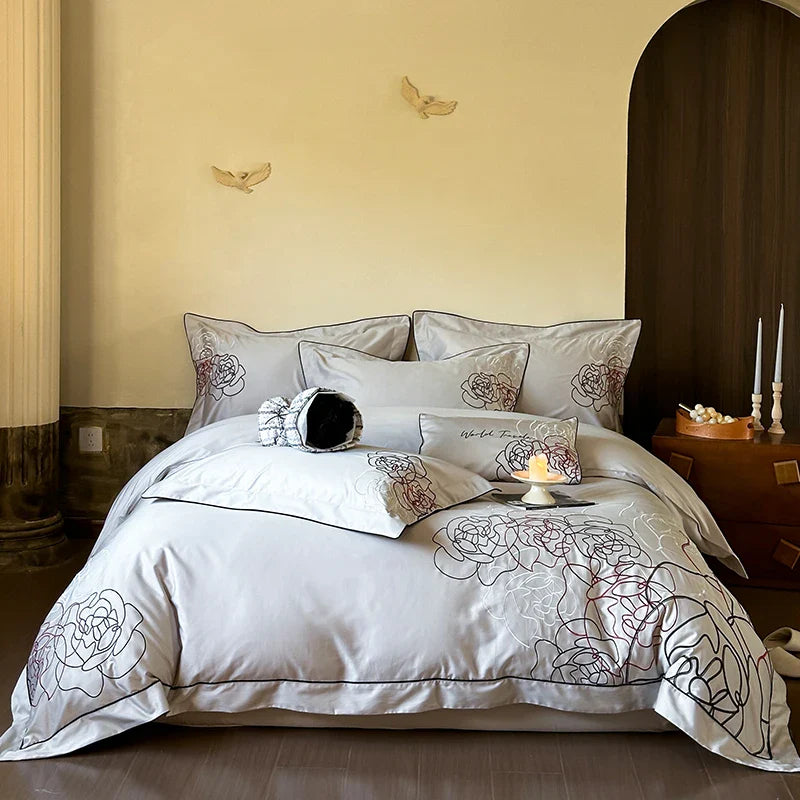 Afralia™ Rose Flowers Luxury Embroidery Bedding Set - 1000TC Egyptian Cotton 4Pcs