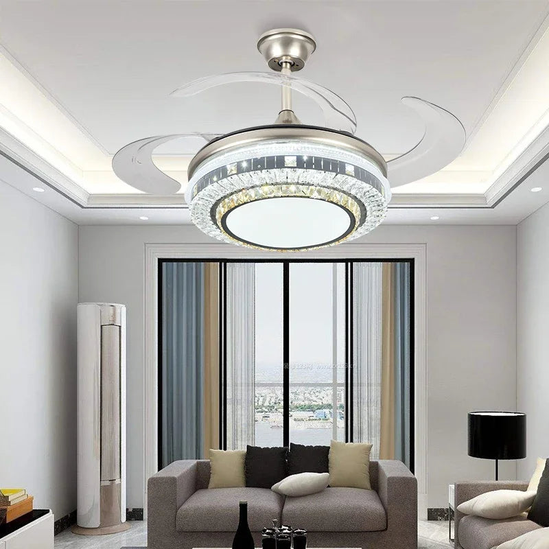 Afralia™ Gold Crystal Retractable Blades Modern LED Ceiling Fan 42" Smart Lightning