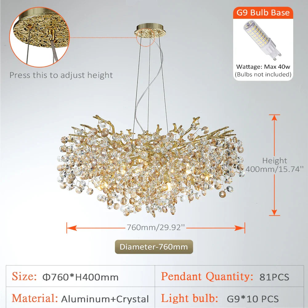 Afralia™ Sun Crystal Gold Lustre Chandelier: Nordic Villa Restaurant LED Ceiling Lamps