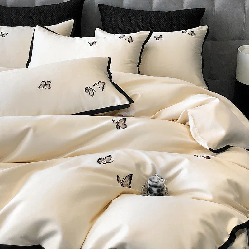 Afralia™ 600TC Egyptian Cotton Butterfly Embroidery Bedding Set: Duvet, Sheet, Pillowcases