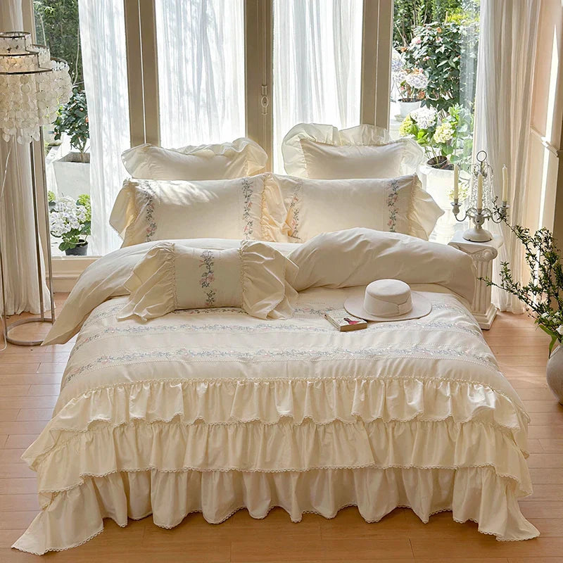 Afralia™ Luxe Three-Layer Ruffles Flowers Embroidery Cotton Girl Bedding Set 4Pcs