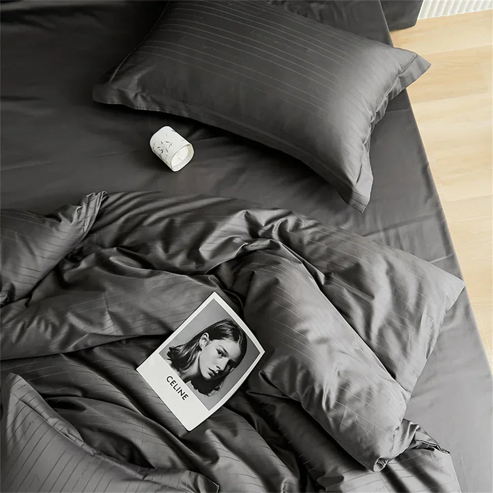 Afralia™ Grey Lines Stripes Duvet Cover Set Cotton Satin Jacquard Queen King Size