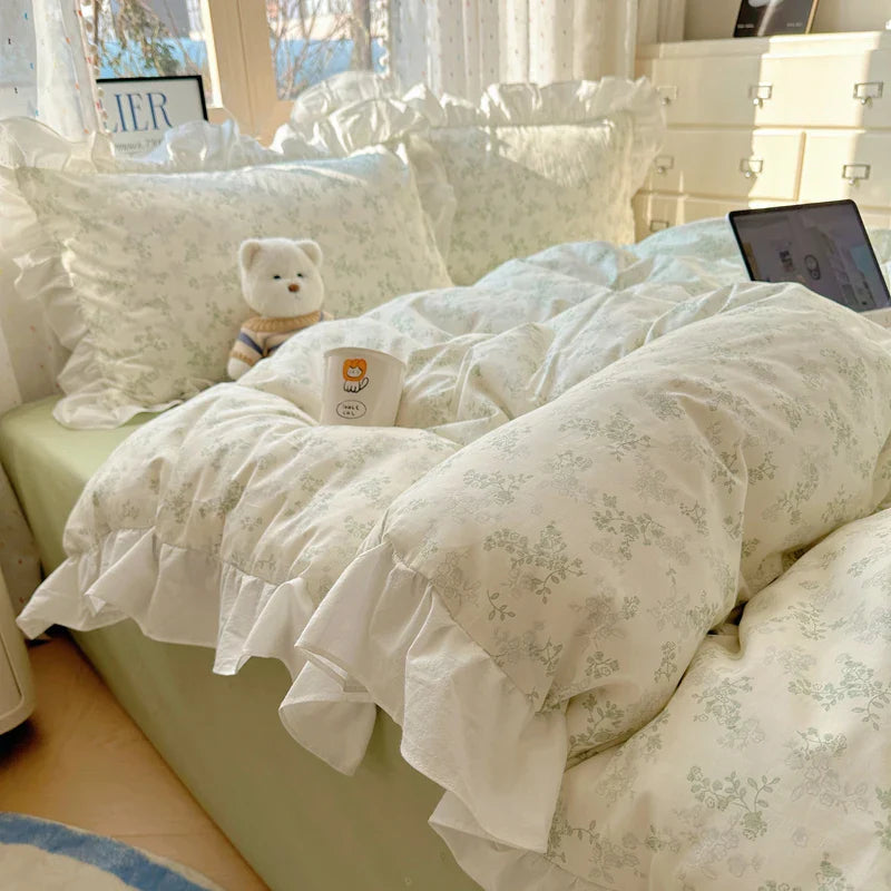 Afralia™ Floral Lace Ruffles Bedding Set 3/4Pcs Single Queen Size Duvet Cover