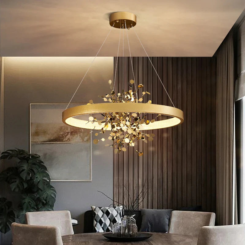 Afralia™ Modern Golden Ring LED Pendant Chandelier for Living Room and Bedroom