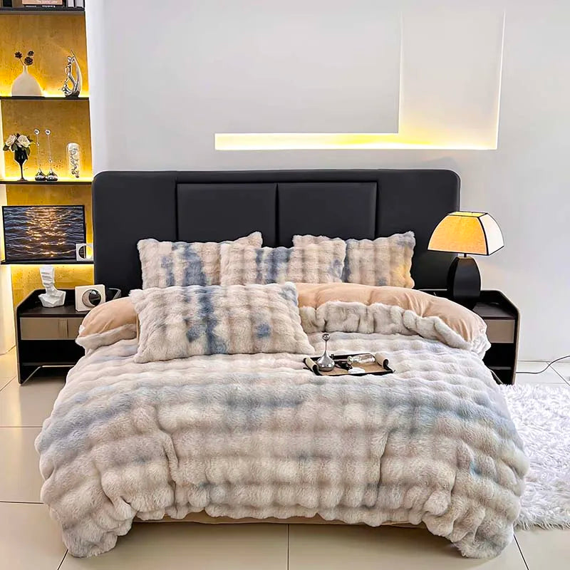 Afralia™ Gradient Gray Faux Rabbit Fur Velvet Bedding Set: Duvet Cover, Bedsheet, Pillowcase
