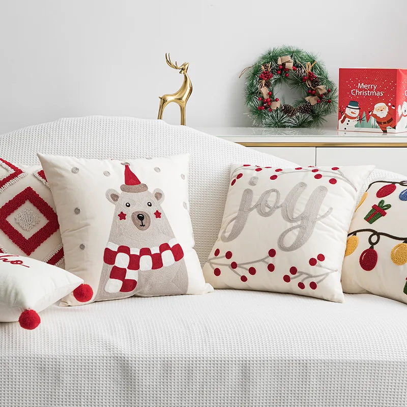 Embroidered Joy Bear Cushion Cover by Afralia™ - Red Festive Pillow Case