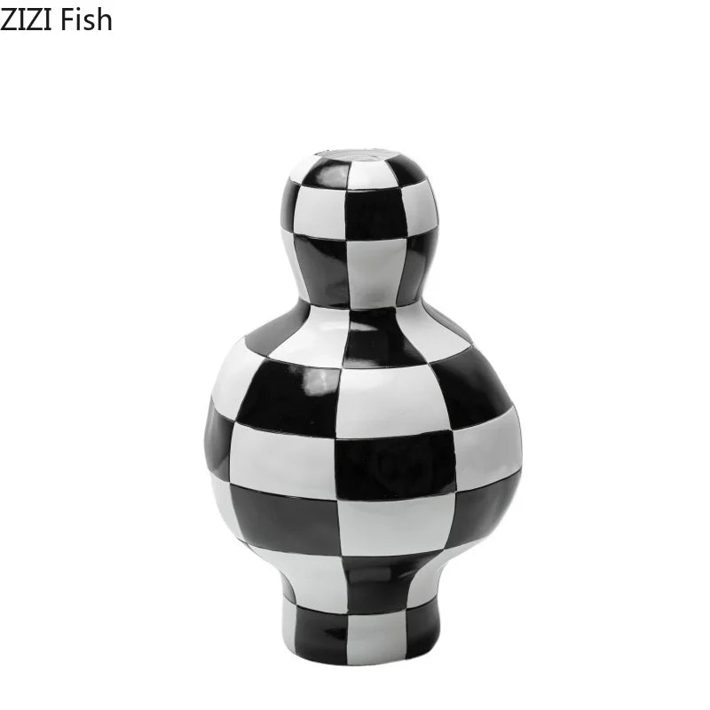 Afralia™ Black White Check Vase Modern Crafts Room Decor Irregular Shaped Desk Decoration