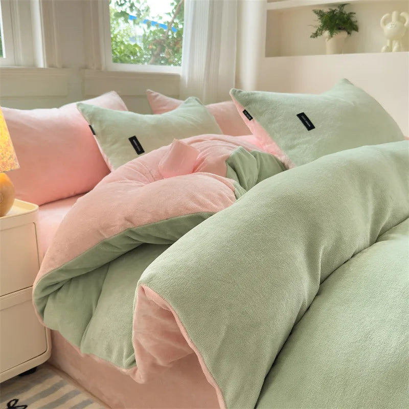 Afralia™ Coral Color Blocked Velvet Single Duvet Cover for Winter