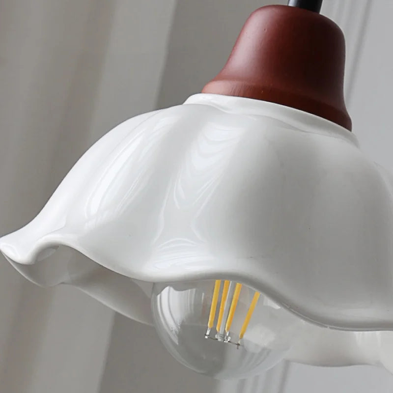 Afralia™ White Flower Ceramic LED Pendant Lamp Wood Japan Style Hang Lamp