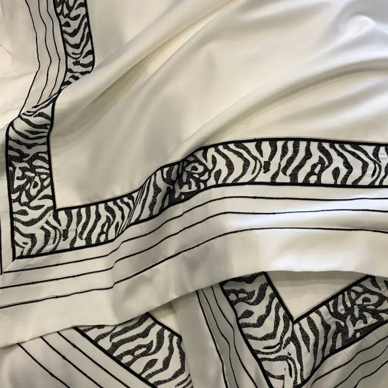 Afralia™ Zebra Print Embroidery 1000TC Egyptian Cotton 4Pcs Bedding Set - Queen King Size