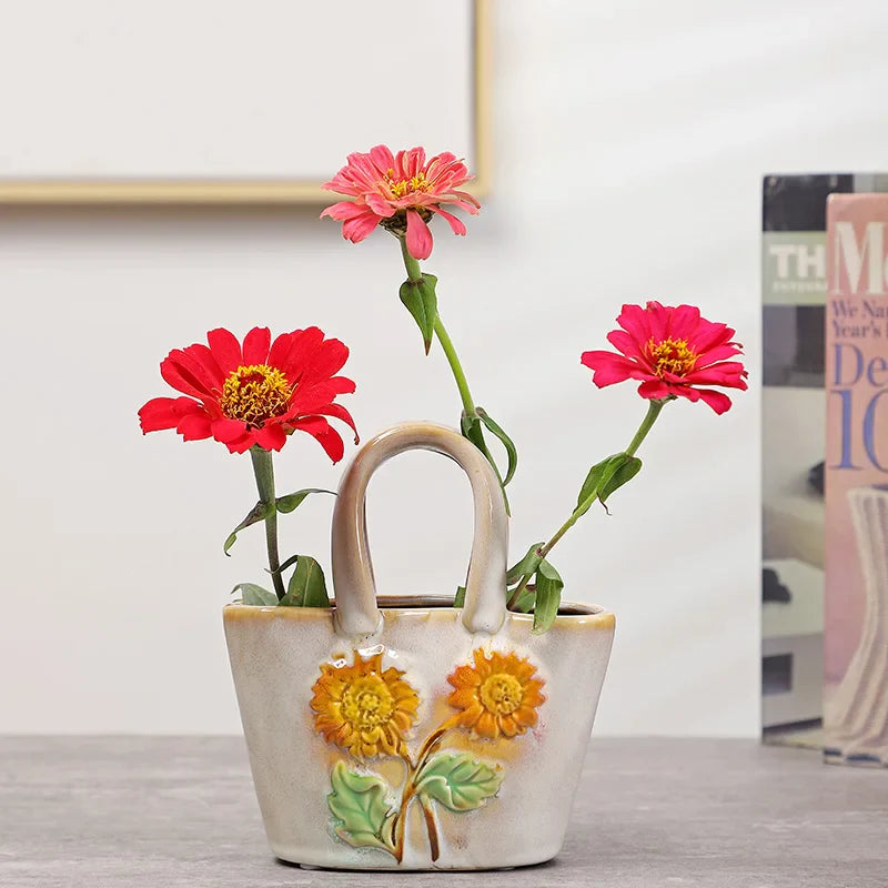 Afralia™ Ceramic Vase Handbag Embossed Flower Arrangement Home Decoration