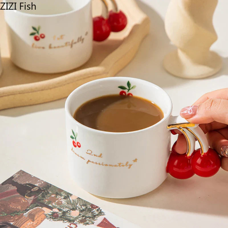 Afralia™ Cherry Pattern Porcelain Coffee Mug, Gilded Edge Teacup for Afternoon Tea & Juice