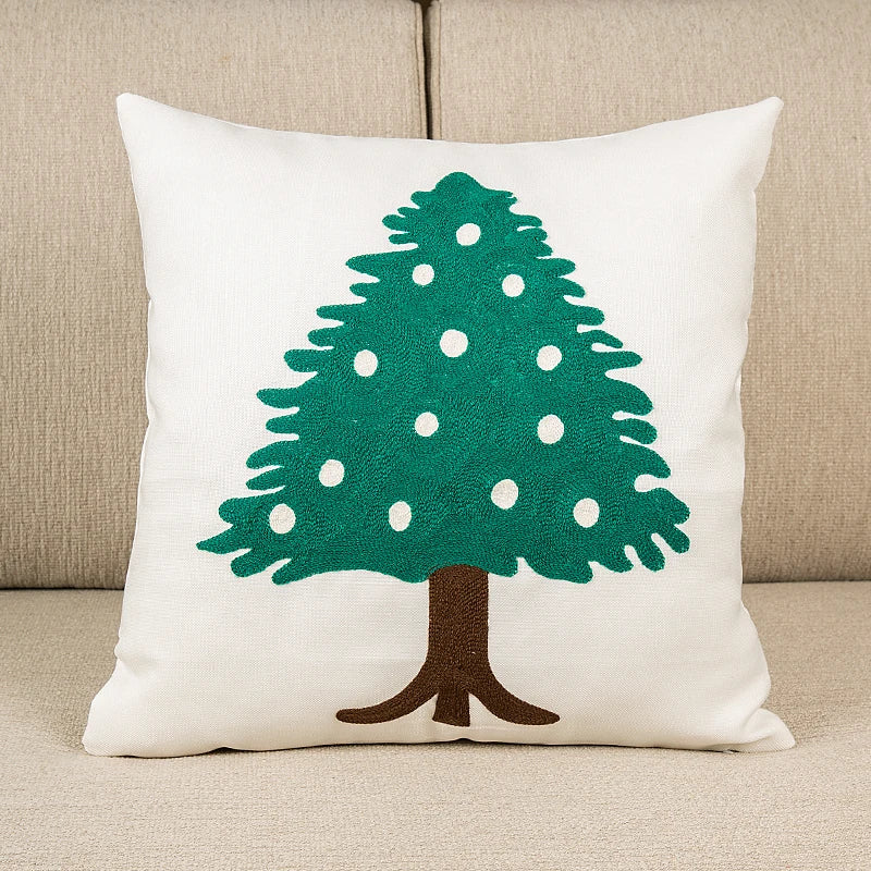 Afralia™ Embroidered Christmas Tree Cushion Cover 45x45cm Green Red Square Pillow Cover