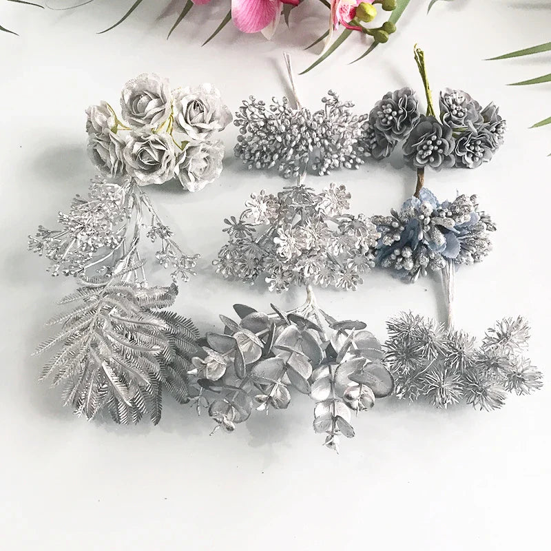 Afralia™ Silver Hybrid Flower Stamen Berries Bundle for DIY Wedding Cake Decor