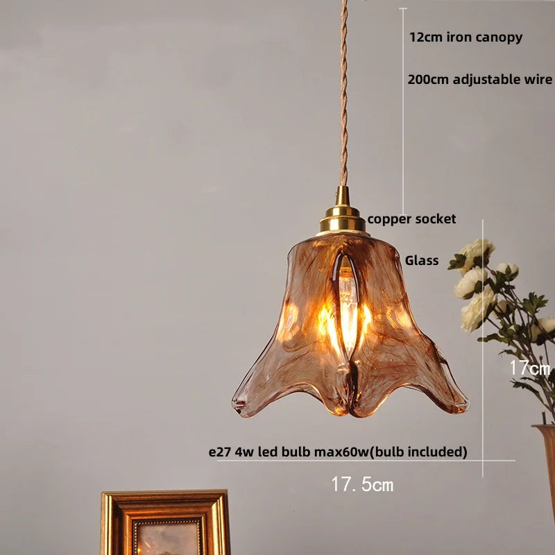 Afralia™ Amber Glass Adjustable LED Pendant Light Fixture, Vintage E27 Copper Hanging Lamp