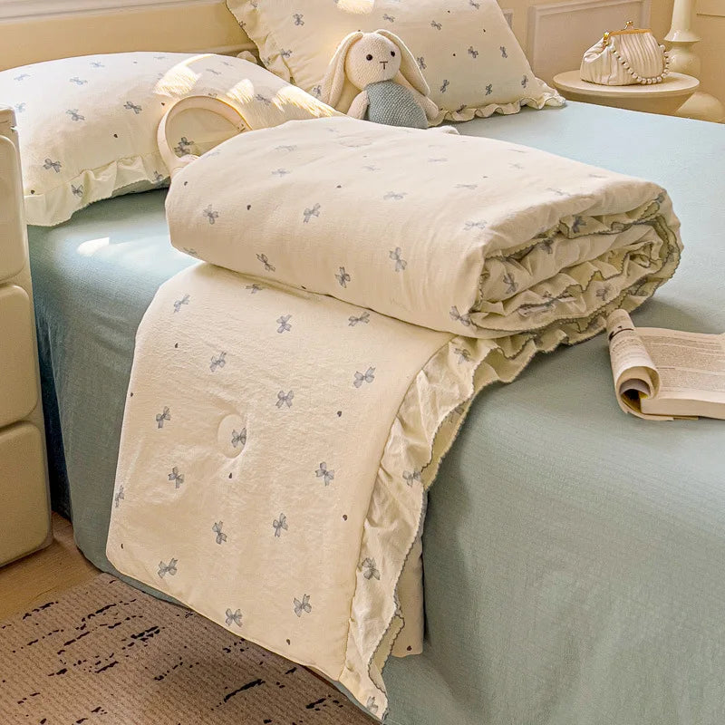 Afralia™ Korean Cotton Patchwork Quilt with Lace and Ruffle for Summer