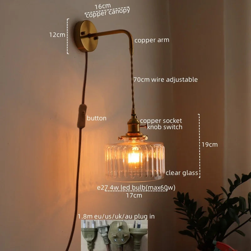Afralia™ Vintage Green Glass Copper LED Wall Lights Pull Chain Switch Hallway Bedroom Balcony Wall Lamp