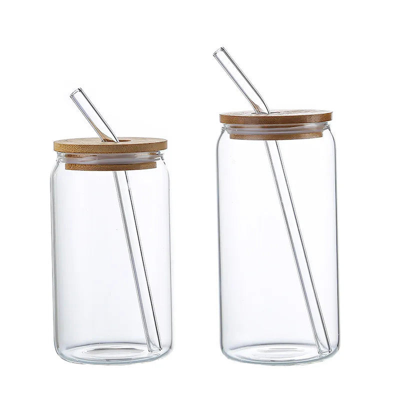 Afralia™ Glass Can Shape Cup with Bamboo Lid, High Borosilicate Glass Drinkware