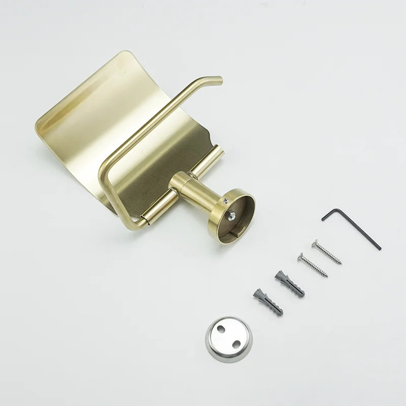 Afralia™ Brushed Gold Bathroom Accessories Set: Wall Mount Shelf, Toilet Paper Holder, Towel Bar, Robe Hook