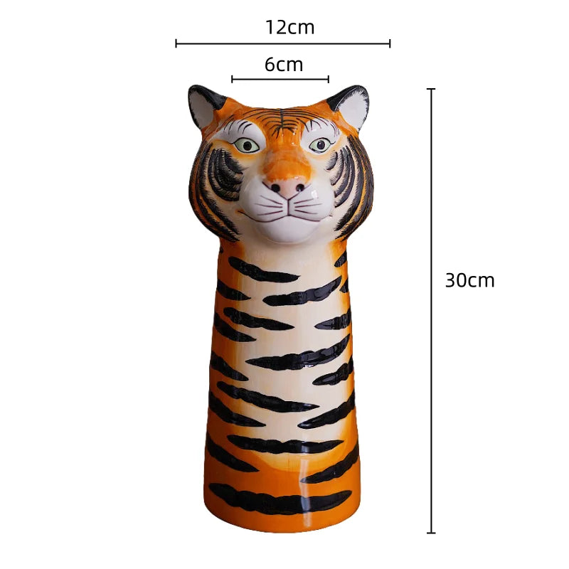 Afralia™ Tiger Head Vase Cartoon Sculpture | Handcrafted Animal Ornament for Home Décor