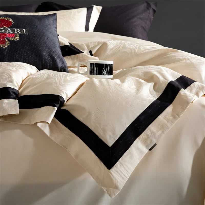 Afralia™ Champagne Gold Satin Jacquard Cotton Bedding Set - 4Pcs