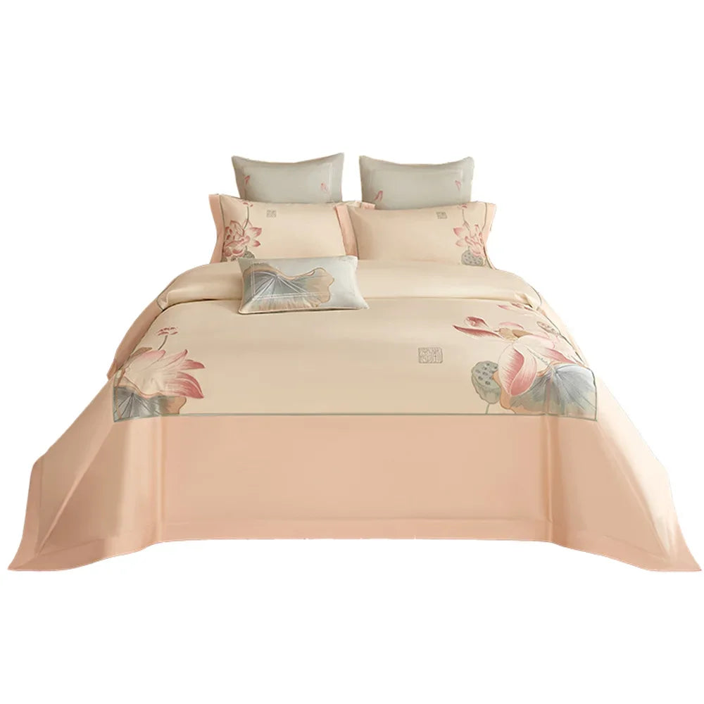 Afralia™ Pink Satin Jacquard Lotus Duvet Set 4Pcs Queen King Bedlinens